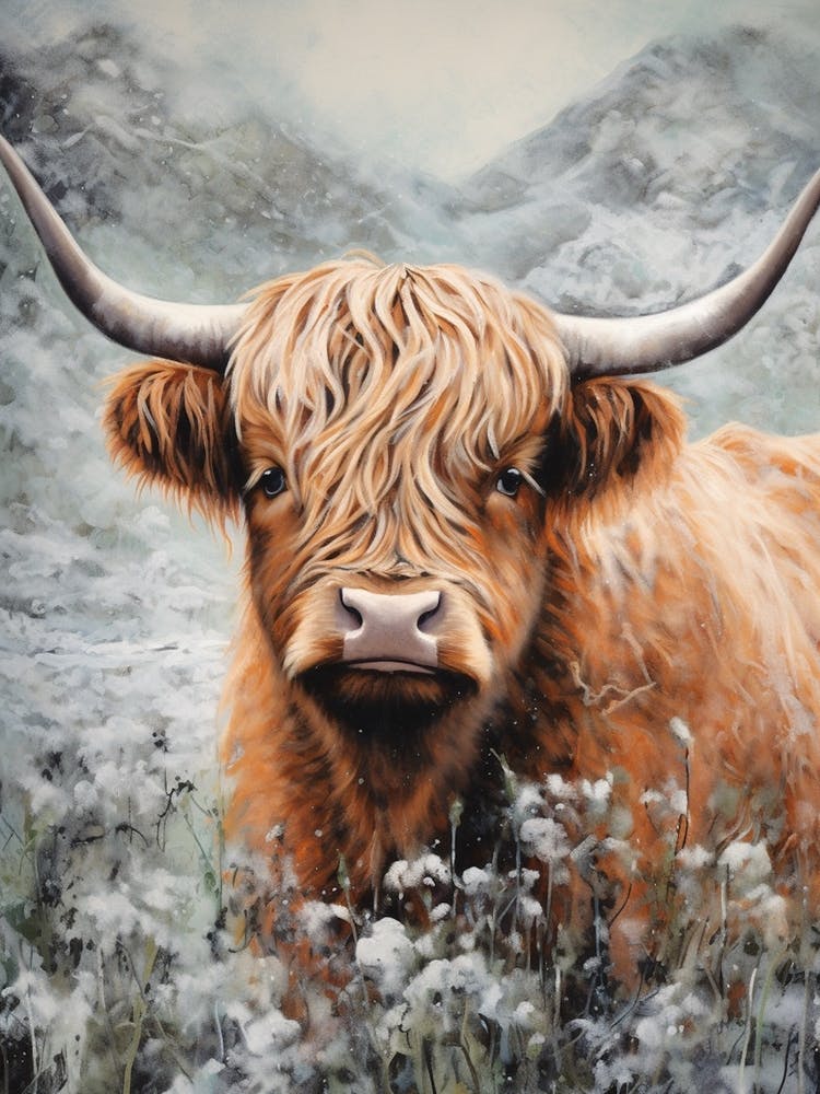 Snowy Highland Cow Textured Illustration 2