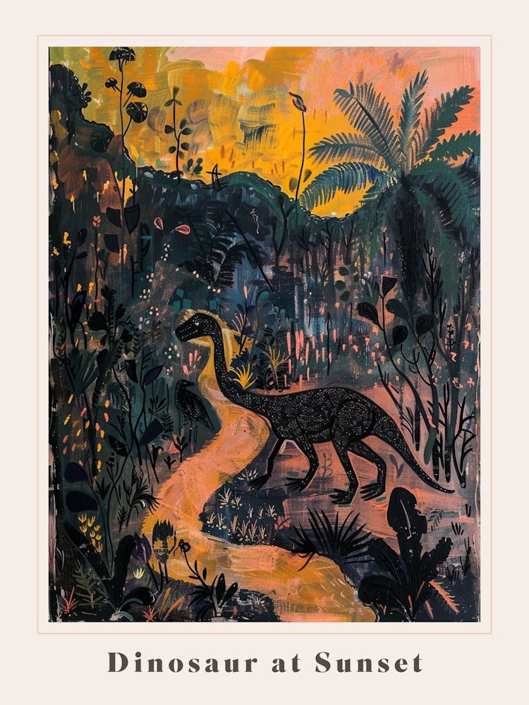 Dinosaure au Coucher du Soleil au Bord de la Rivière Affiche Peinture