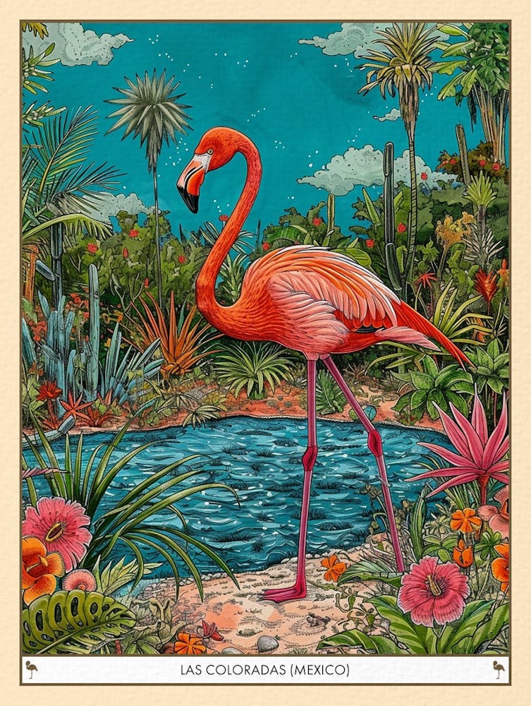Greater Flamingo Las Coloradas Mexico Tropical Illustration 6 Poster