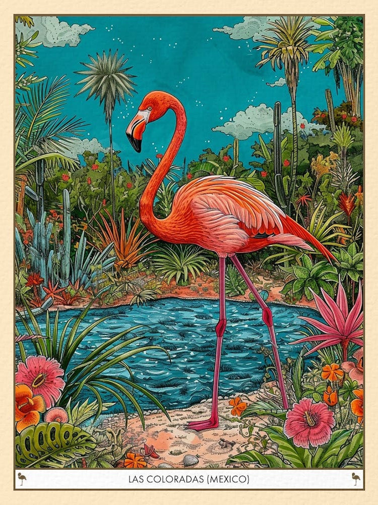 Greater Flamingo Las Coloradas Mexico Tropical Illustration 6 Poster
