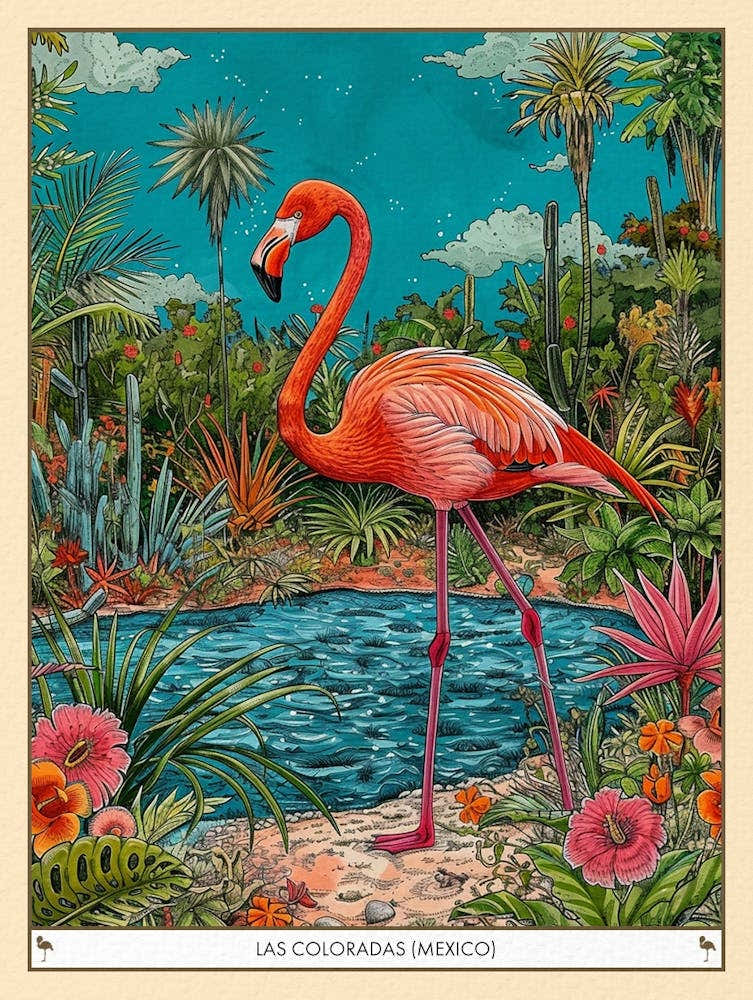 Greater Flamingo Las Coloradas Mexico Tropical Illustration 6 Poster