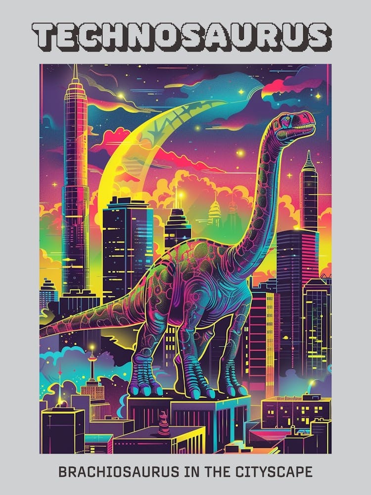 Neon Brachiosaurus In A Cityscape 1 Poster