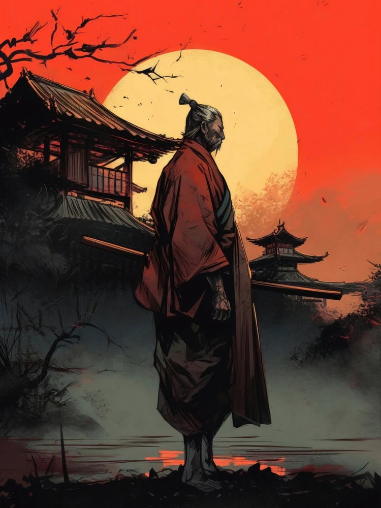 Lonely Japanese Red Samurai Warrior