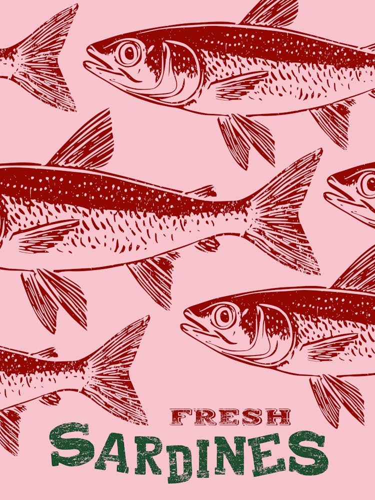 Retro Red, Pink and Green Sardines Maximalist Kitchen