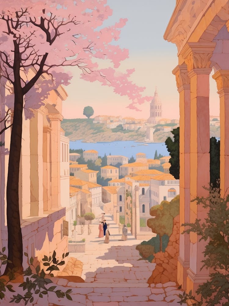Pula Croatia 1 Vintage Pink Travel Illustration