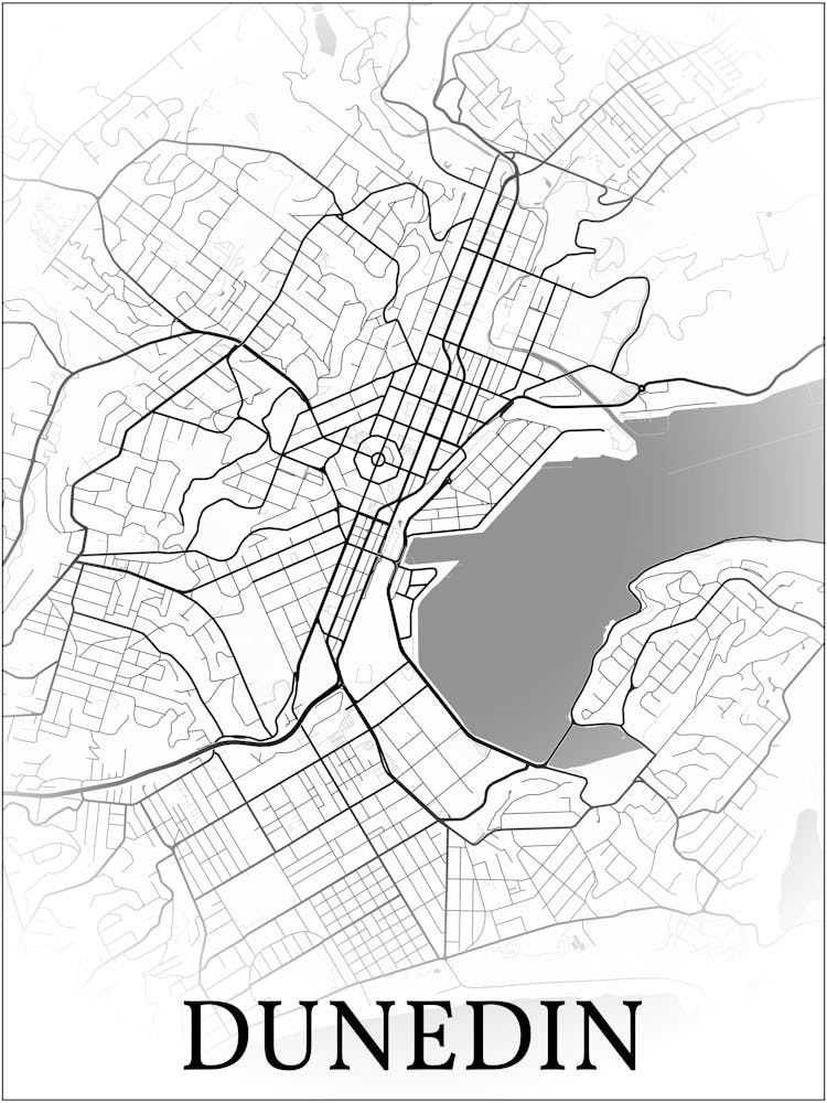 Dunedin, Otago, New Zealand, City Map, Black And White Fade Design