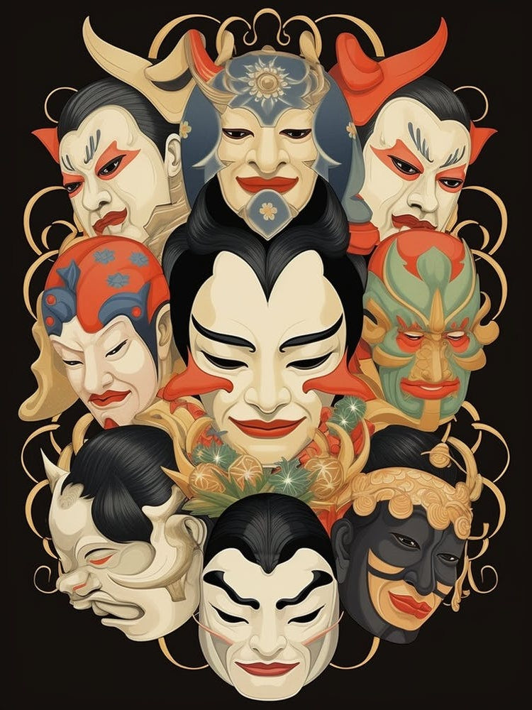 Noh Masks Japanese Style Illustration 9