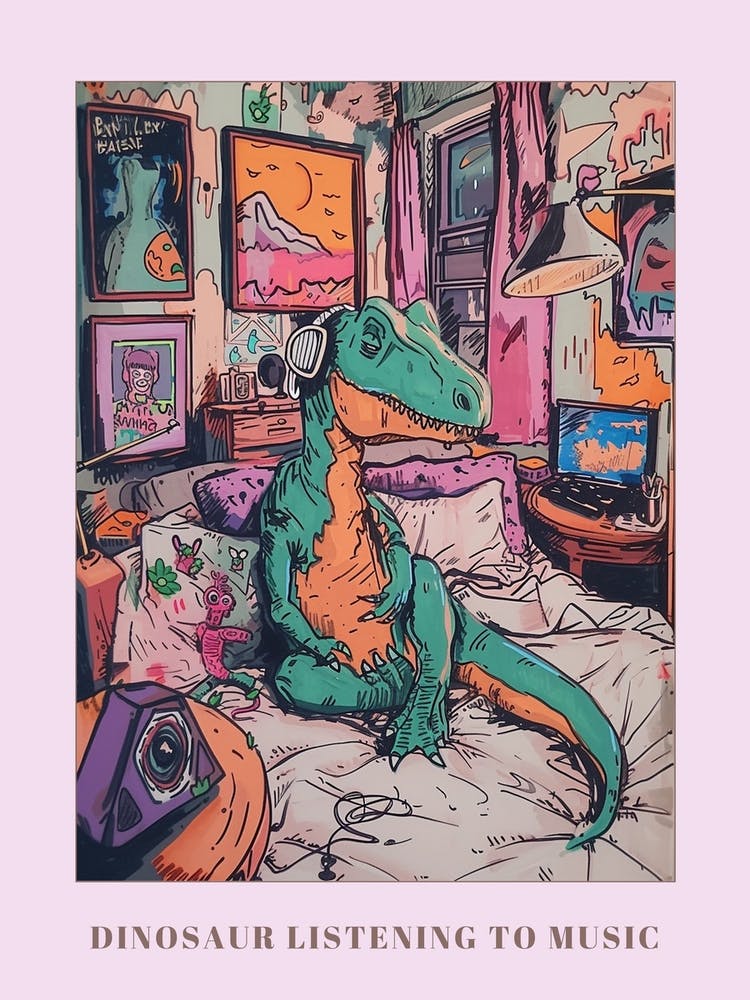 Dinosaur Listening To Music In Their Bedroom Pastel Illustration Poster