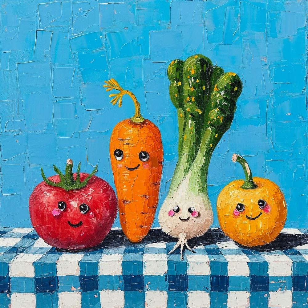 Vegetable Friends Blue Checkerboard
