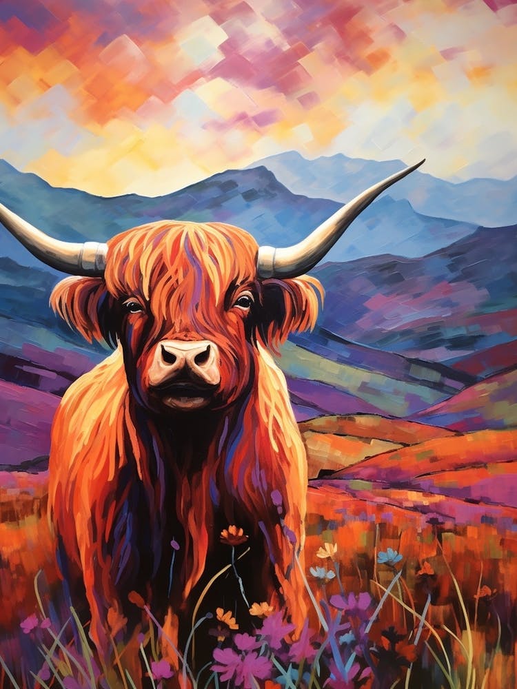 Warm Floral Impressionism Style Painting Of Highland Cow 2