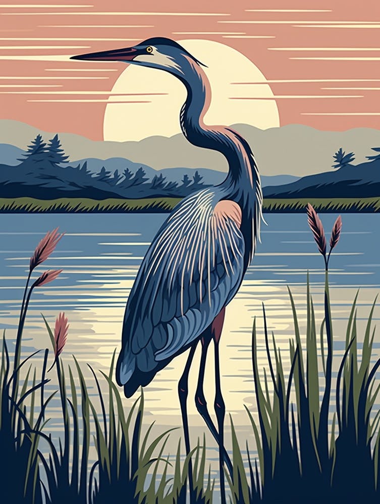 Vintage Bird Linocut Great Blue Heron 9