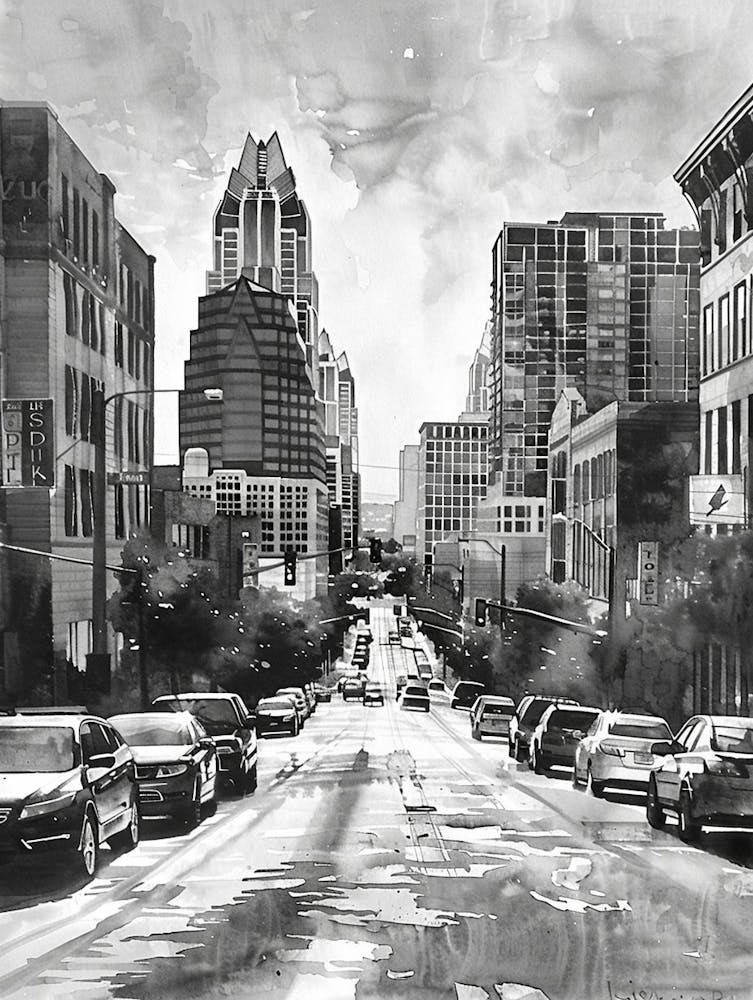Sixth Street Austin Texas Black And White Watercolour 2