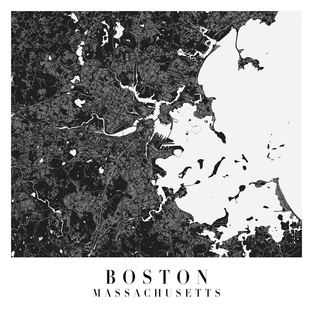 Boston Massachusetts Minimal Black Mono Street Map  Square