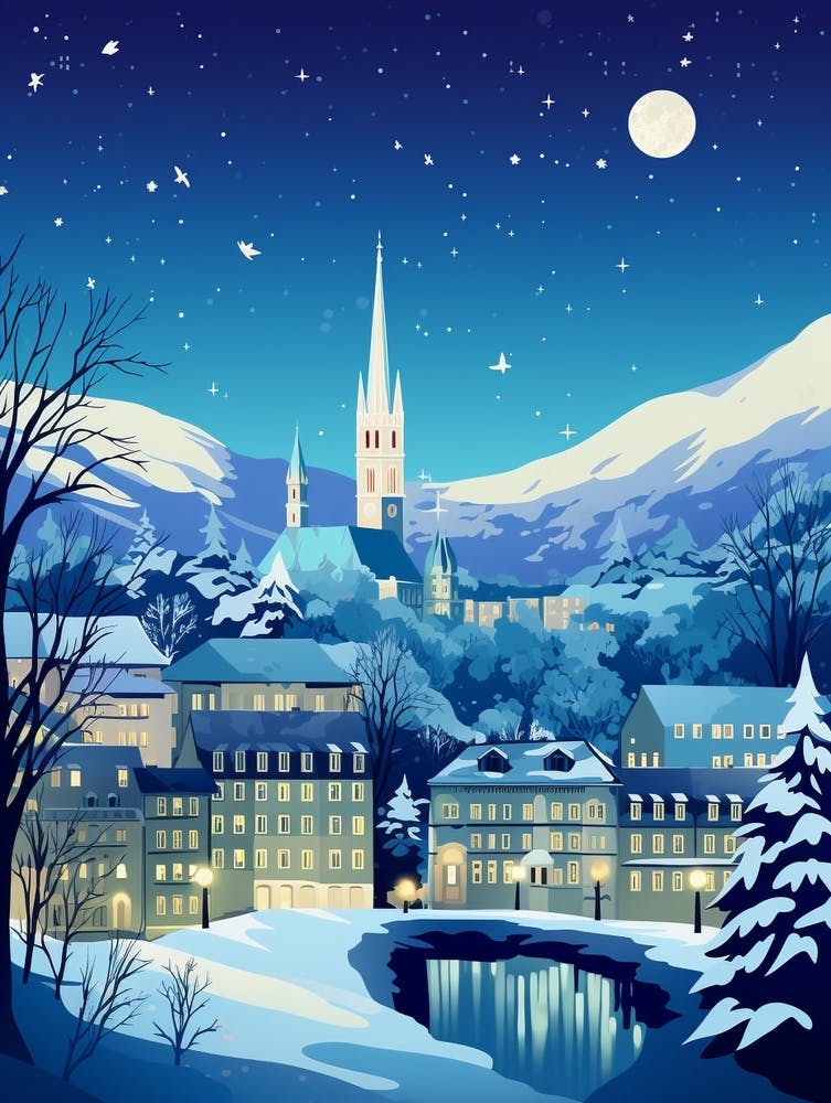 Winter Travel Night Illustration Zurich Switzerland 1
