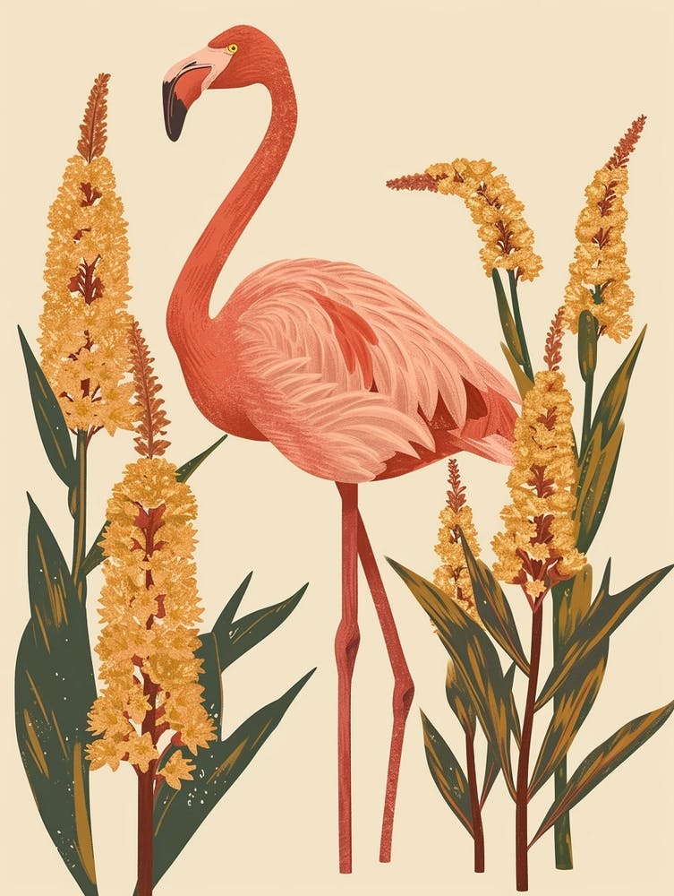 Andean Flamingo And Croton Plants Minimalist Illustration 1