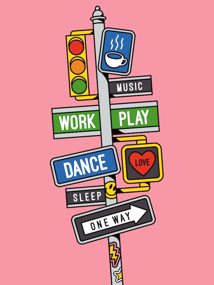 Pink Sleep Work Play Dance Music Coffee Love Street Signs Smiley Face Heart Star