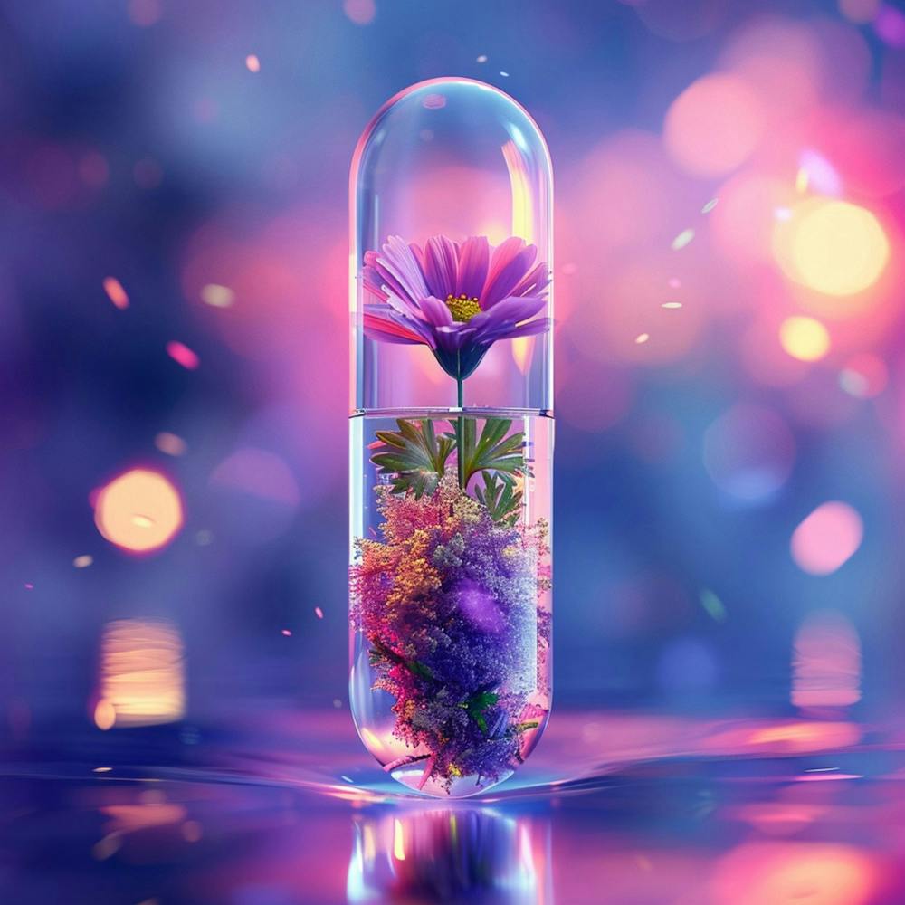 Ordinary Plant Submerged In A Piece Of Very Thick Frosted Glas In The Shape Of A Pill Filled With Liquid