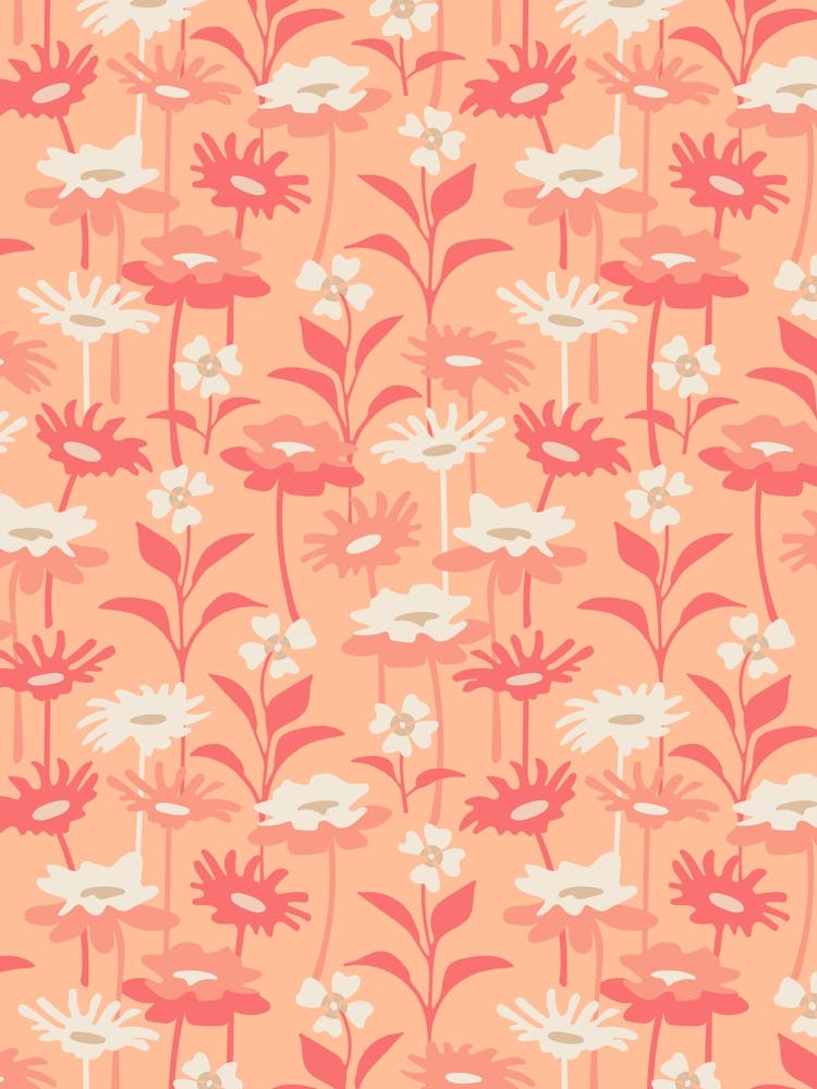 GARDEN MEADOW Floral Botanical Flowers Wildflowers in Red White on Orange Peach Fuzz