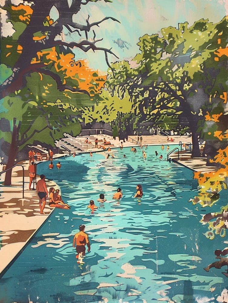 Barton Springs Pool Austin Texas Colourful Blockprint 3