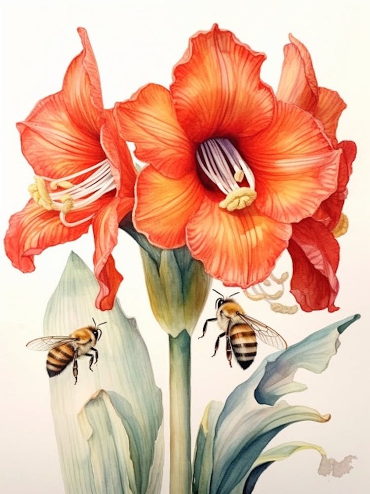 Beehive With Amaryllis Flower Watercolour Illustration 3
