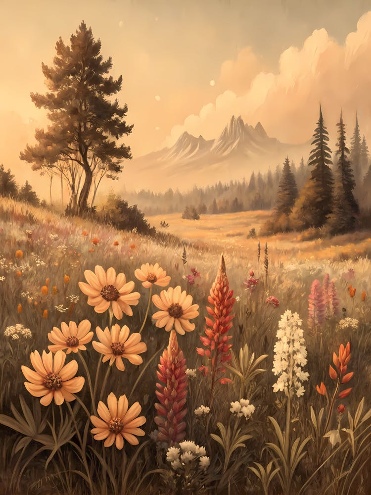 Oil Painting Style Wildflower Field In Vintage