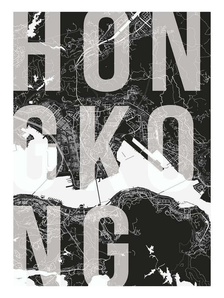 Hong Kong Mono Street Map Text Overlay