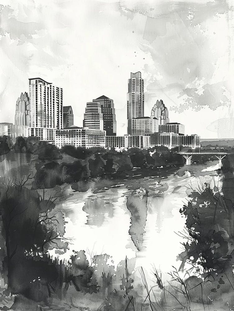 Skyline Austin Texas Black And White Watercolour 2