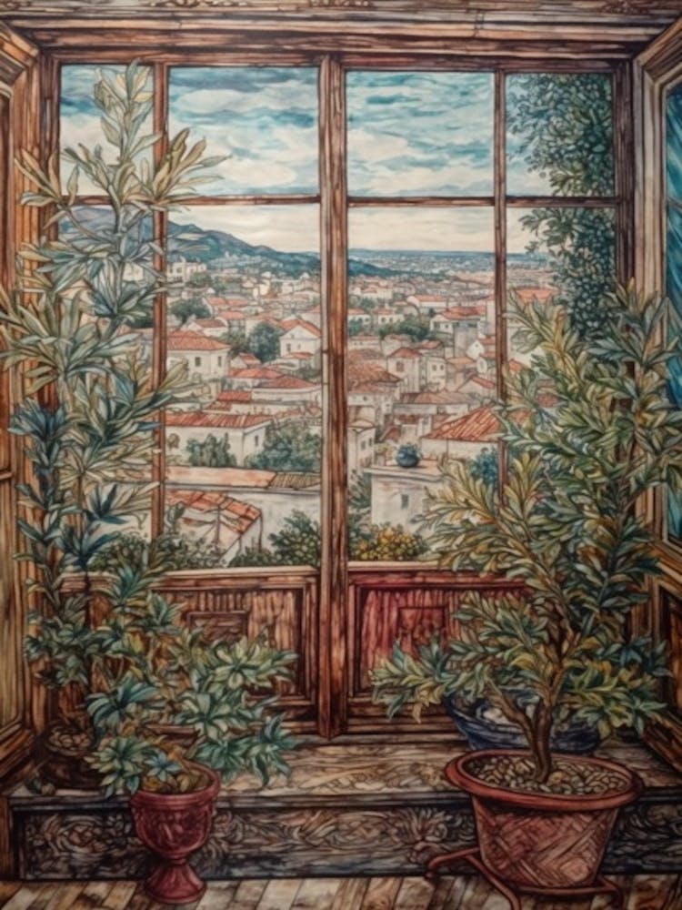 Window View Of Athens Greece In The Style Of William Morris 2