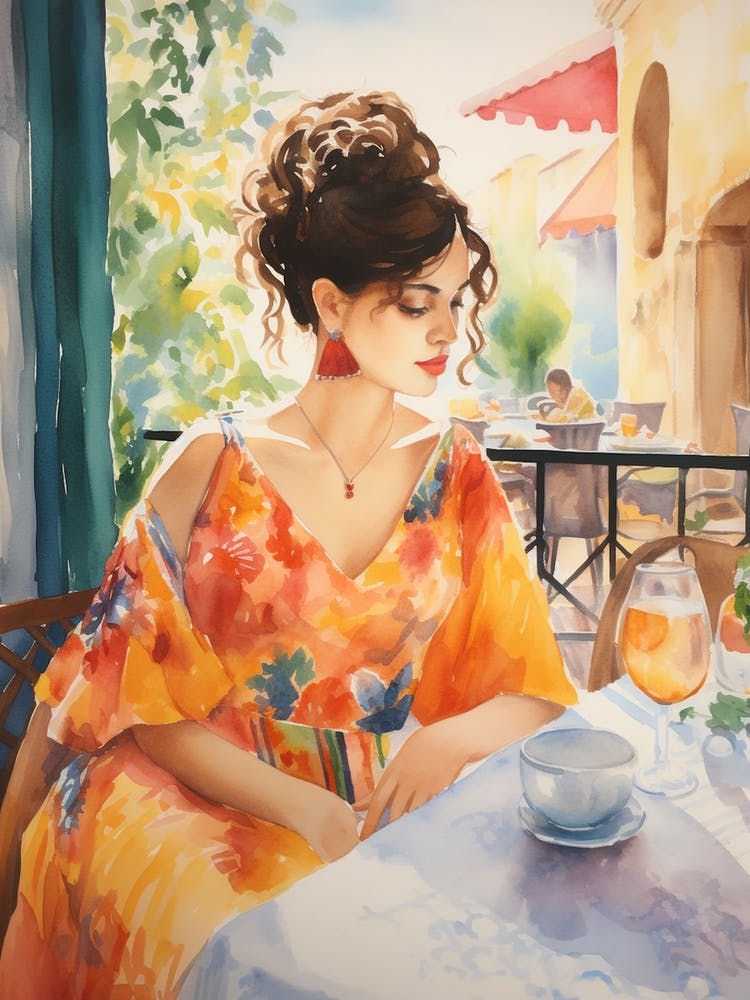 At A Cafe In Mallorca Spain Watercolour