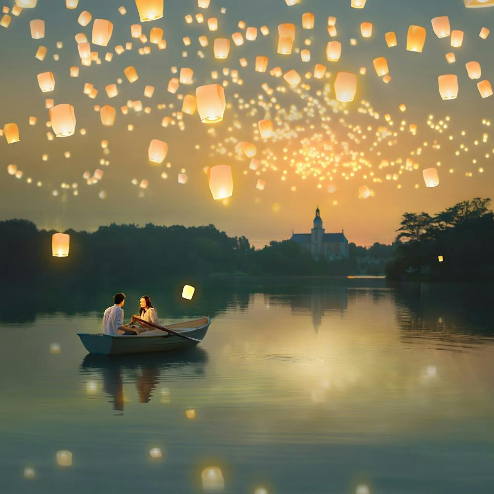 Couple In A Boat With Lanterns