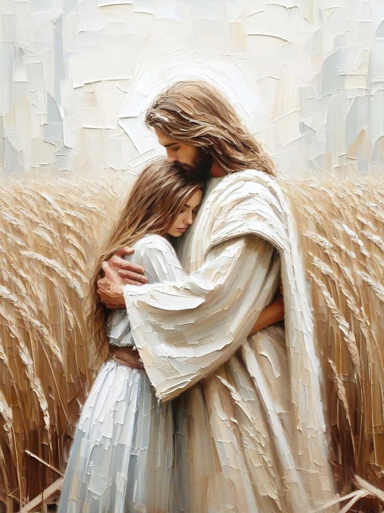 Field Of Faith, Christian Painting, Jesus Hugging Girl, Jesus Painting, Lds Art, Bible Verse Wall Art, Jesus And Woman Art, Christian Prints