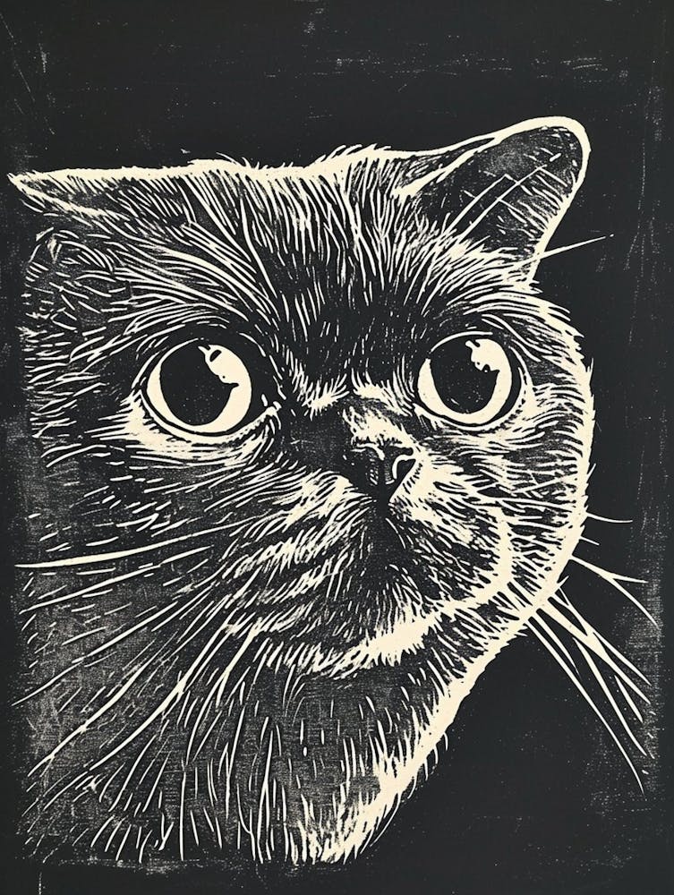 Scottish Fold Cat Linocut Blockprint 6