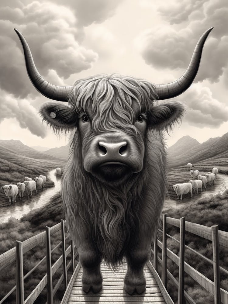 Black & White Illustration Of Highland Cow And Sheep Crossing A Bridge