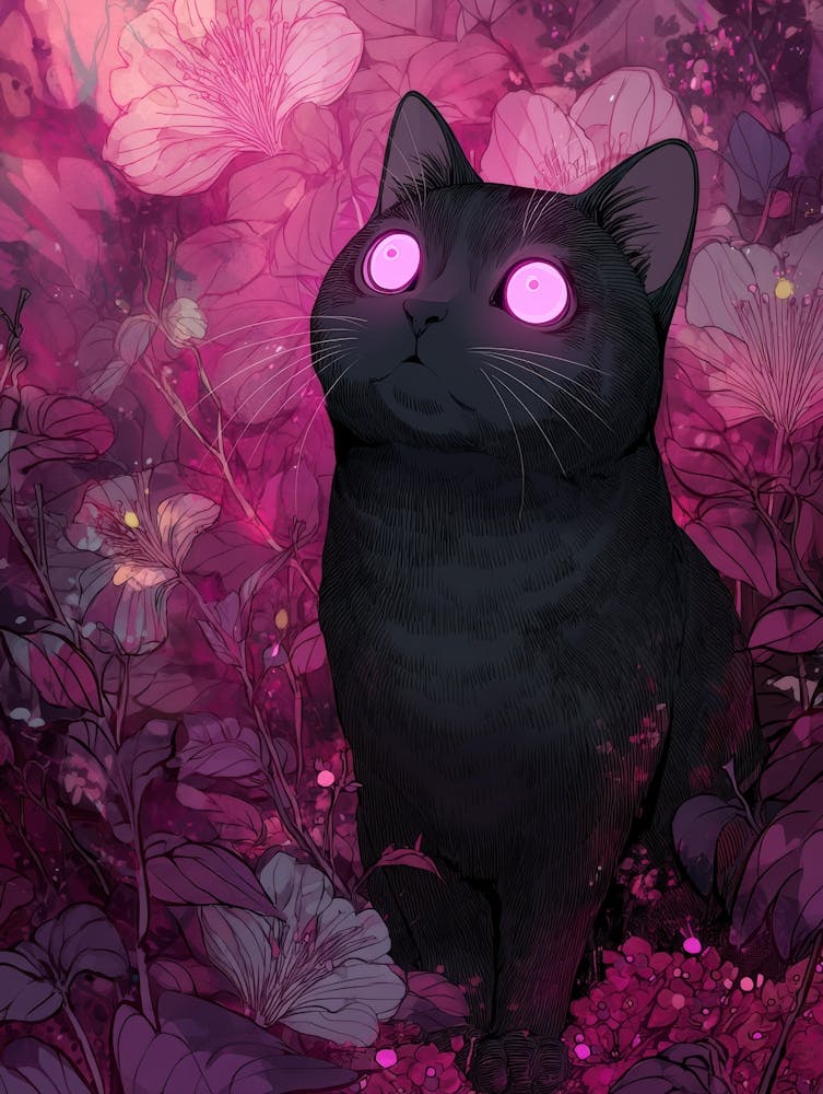 Black Cat In Purple Flowers