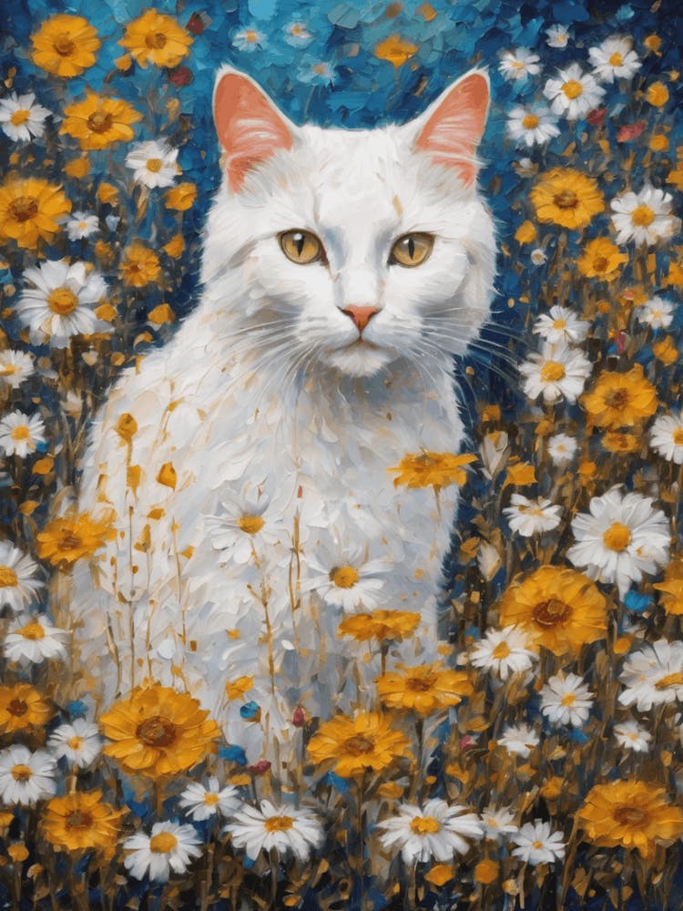 Klimt Style White Cat in Colorful Garden Flowers Meadow Gold Leaf Painting - Gustav Klimt and Monet Inspired Textured Acrylic Palette Knife Art Daisies Poppies Amongst Wildflowers at Night Beautiful HD High Resolution