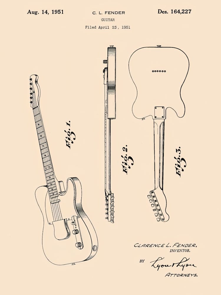 Fender Telecaster Guitar Patent Vintage Poster