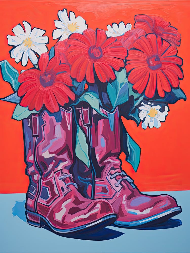 A Painting Of Cowboy Boots With Red Flowers, Fauvist Style, Still Life 1