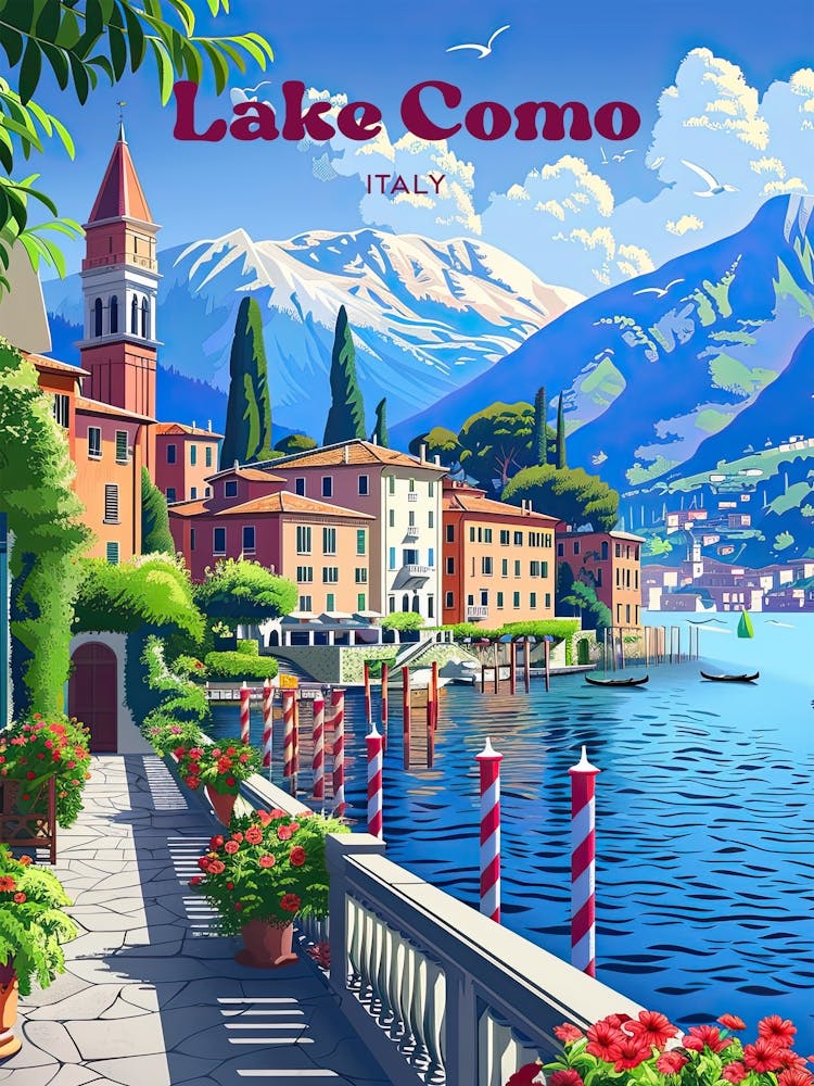 Lake Como Romantic Travel Illustration