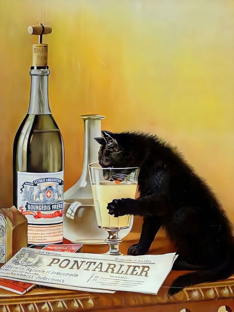 Cat Drinking Absinthe Wall Art, Vintage Alcohol Poster, Old French, Absinthe Bourgeois Print, Retro Decor, Trendy Poster, Bar Cart Print