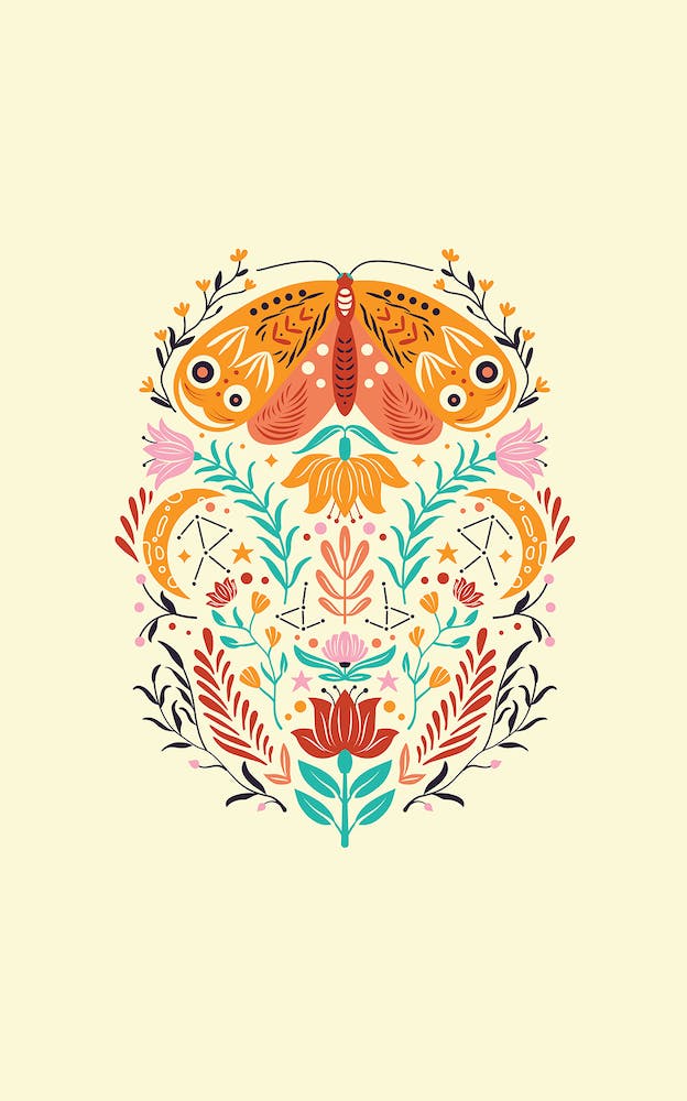 Colorful Moth With Florals On Light Yellow