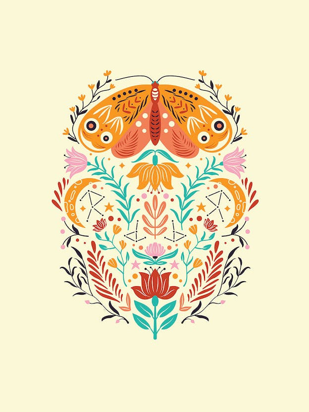 Colorful Moth With Florals On Light Yellow