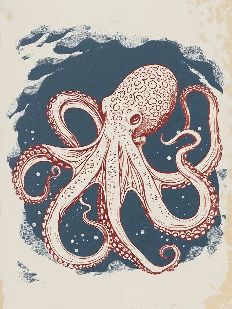 Red & Blue Octopus Retro Linocut Inspired 6