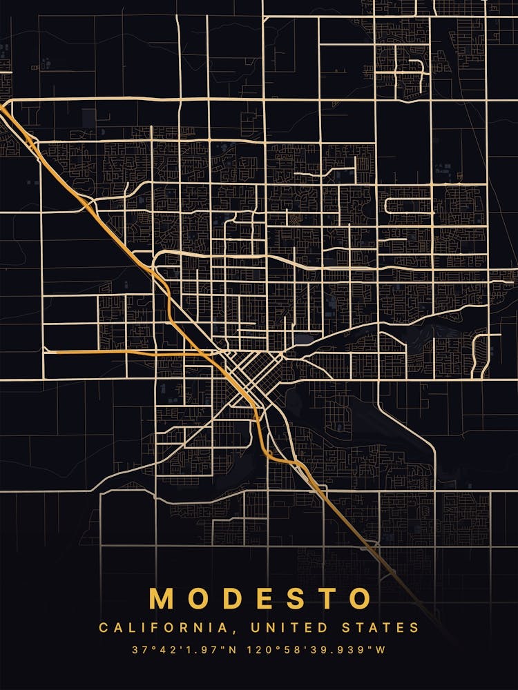 Modesto California USA Black And Gold Map