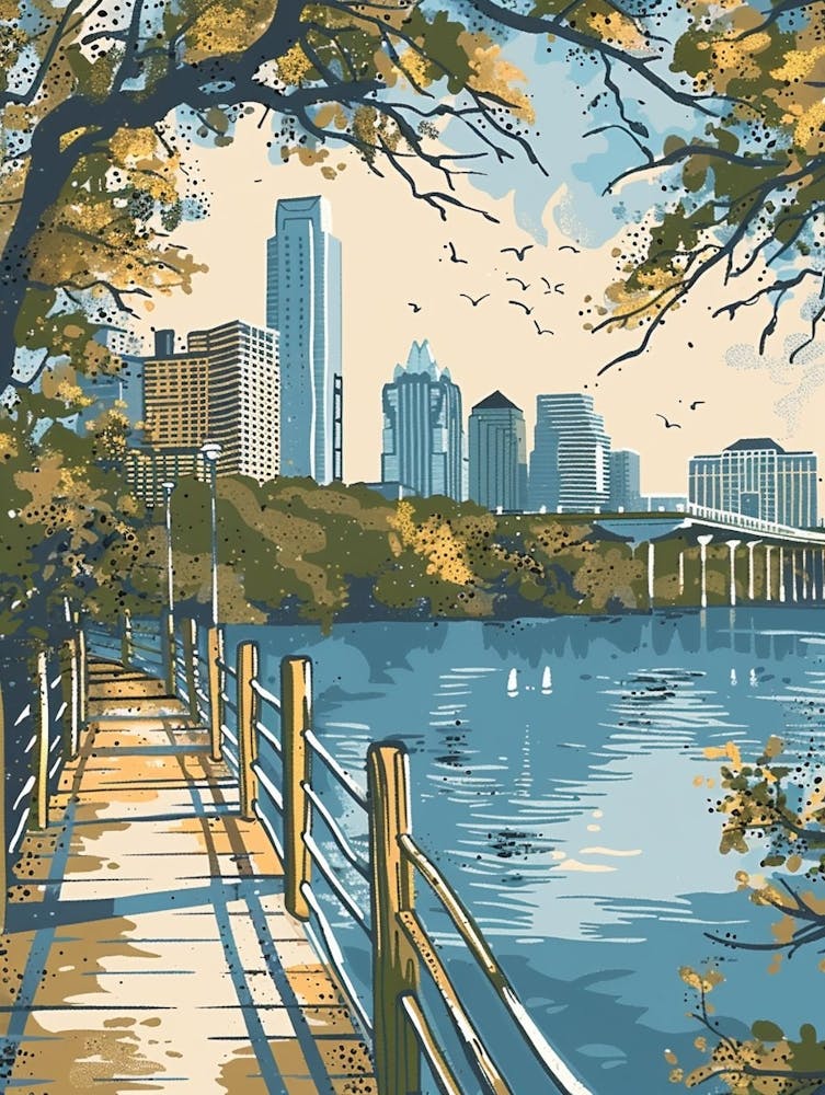 Duotone Illustration Lady Bird Lake And The Boardwalk 3