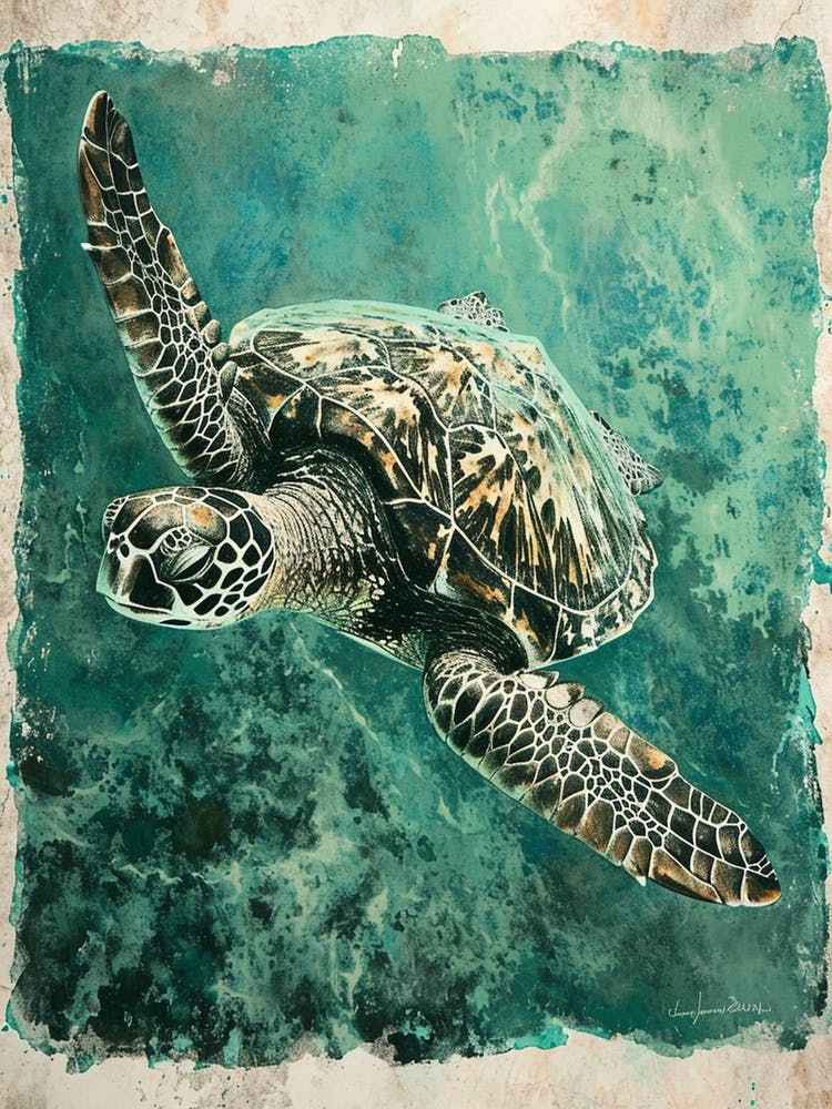 Textured Sea Turtle Swimming Painting 4