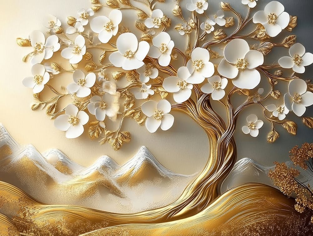 3d Golden Tree With White Flowers Painting