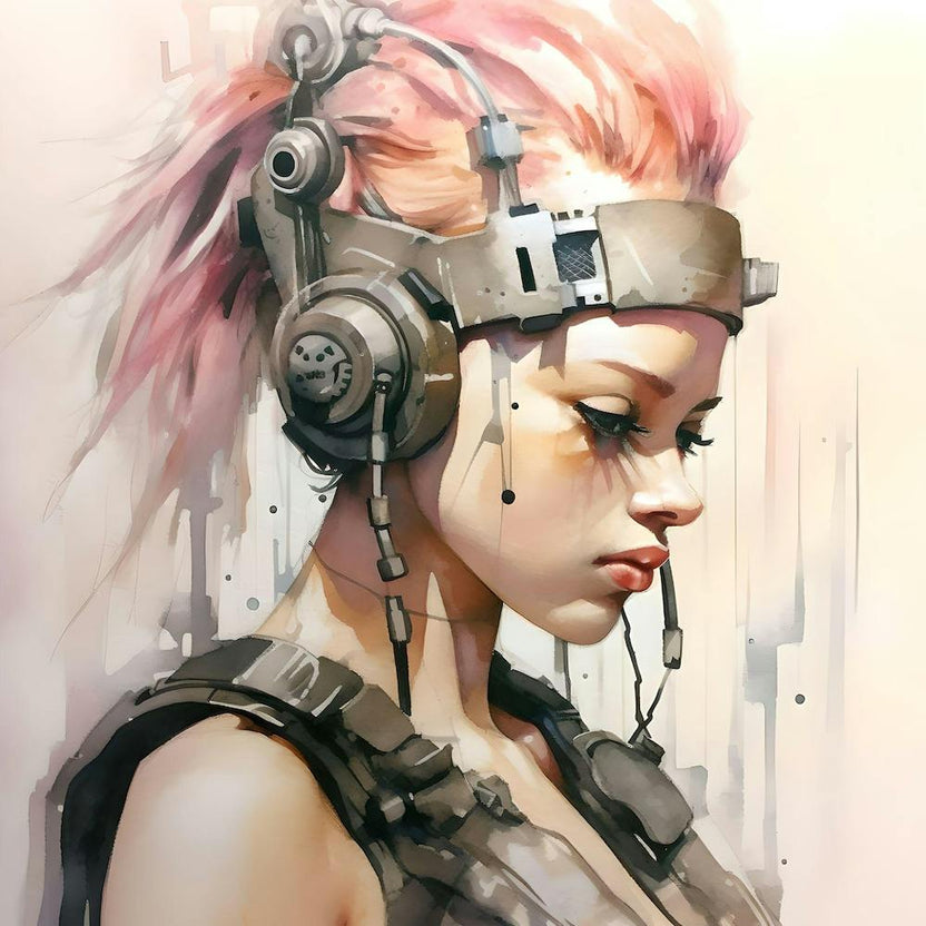 Cyber Girl Ink & Watercolour Painting