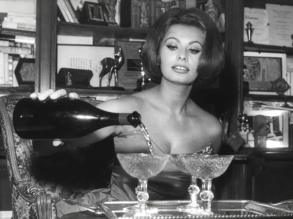 Sophia Pouring Champagne, Vintage Black and White Old Photo, Bar Cart Decor