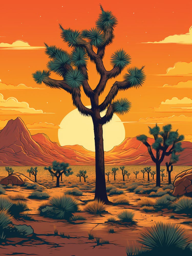 Joshua Tree At Sunrise In Retro Illustration Style (2)