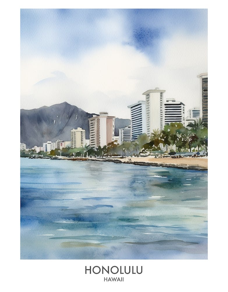 Honolulu 4 - Affiche de voyage aquarelle